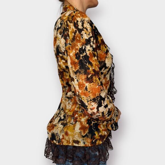 Y2K Fashion Bug‎ Orange and Brown Lace Front Blouse - Picture 5 of 6